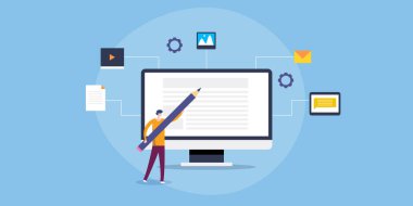 İçerik planlama dijital pazarlama stratejisi işadamı büyük kalem listesi kavramsal vektör illüstrasyonuyla.