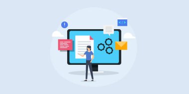 Kadın karakter bilgi teknolojisi uzmanı, çalışan içerik yönetimi yazılımı CMS bulut teknolojisi çizimi ile bütünleşti.