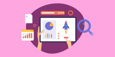 Tablet ekranında yeni iş performans analizi yazılım görüntüsü, vektör illüstrasyonu.