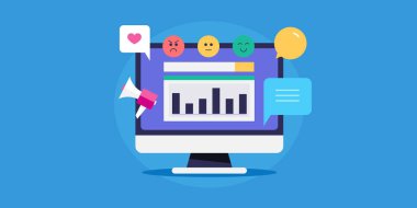 İş ve pazarlama düz vektör çizimi. Marka anket müşteri deneyimi, müşteri geribildirimi için duygusal yüzler ve bilgisayar ekranındaki veri analizleri. 