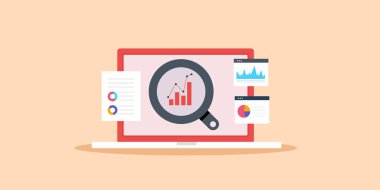 Laptop ekranında pazarlama verileri ve iş bilgileri, iş, satış ve mali faaliyet için veri yönetimi analitik gösterge paneli, vektör illüstrasyonu.