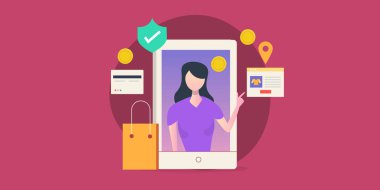 Mobil ekrandaki kadın etkileyicisi güvenli dijital ödeme sistemiyle eCommerce alışverişini online olarak başlatıyor.