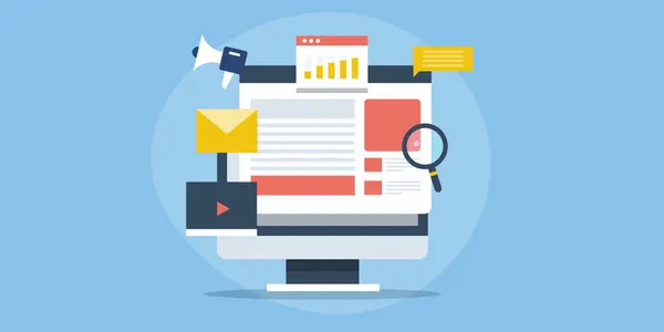 Strategia Content Marketing Blogging Contenuti Video Mail Analytics Data Seo Vettoriale Stock