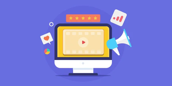 Video Marketing Konzept Großer Videoplayer Auf Computerbildschirm Mit Analytik Und lizenzfreie Stockvektoren