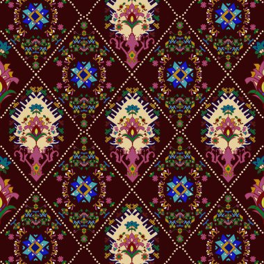 Kızılderili etnik kabile dokusu desenleri pembe-kırmızı tonlarda çiçeklerle süslenmiş. Bu desenler, geleneksel etnik motifleri yenilikçi estetikle harmanlayarak etnik Hint sanatının özünü yakalar. Tekstil endüstrisi için titizlikle hazırlanmış.