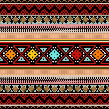 Kırmızı, pembe ve mavi tonlarda geometrik bir biçime sahip Amerikan etnik kabile dokusu deseni. Koyu arkaplan etnik zıtlık, belirgin etnik ve oyuncu bir enerji ekliyor. Şeftali endüstrisi için iş yapıldı..