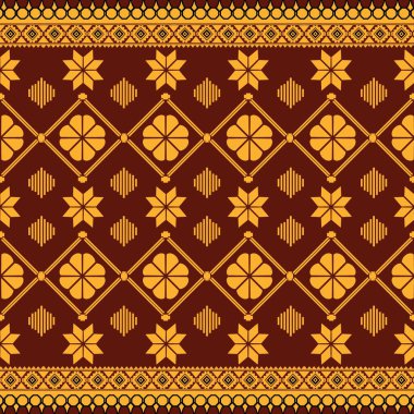 Bu Amerikan etnik kabile kumaşı deseninde göz alıcı ve canlı bir şekilde etnik zıtlık yaratan çarpıcı kırmızı ve sarı çiçek desenleri var. Geleneksel etnik motiflere yeni bir bakış, modern tekstil ürünleri için mükemmel..