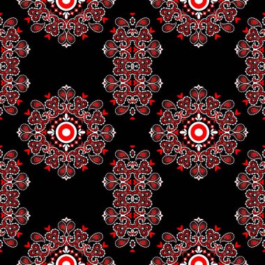 Etnik ve kültürel zenginliğin görsel derinliğini arttıran canlı kırmızı etnik ve siyah çiçek motifleri içeren karmaşık Afrika etnik dokusu deseni. Cesur ve büyüleyici tasarımlar arayan tekstil meraklıları için ideal.