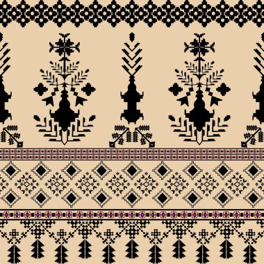 Arap etnik kabilesinin çiçek desenleri zengin kahverengi tonlarda, güzel etnik zıtlıklar siyah arka planda. İnce renkler ve detaylı sanat eserleri etnik yumuşaklık ve zarafet getirerek, modern tekstil uygulamaları için dikkat çekici bir seçim haline getiriyor..