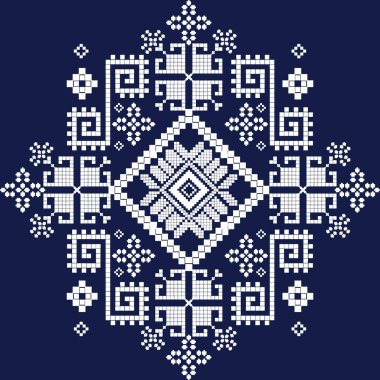  Hint etnik kabile dokusu desenleri zarif beyaz ve mavi tonlarda geometrik bir stil sergiliyor. Geleneksel tuğla kalıplarından esinlenen etnik yapı, zarif etnik ve simetriyi vurguluyor ve tekstil endüstrisini zamansız bir hale getiriyor..