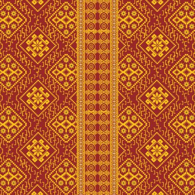 Hint etnik kabile kumaşı deseni sarı ve kırmızı renkleri muhteşem bir çiçek ve geometrik element karışımı ile harmanlıyor. Etnik kombinasyon klasik etkileri modern etnik sanat tarzıyla birleştirir, tasarım cesaret ve geleneği bir araya getirir,