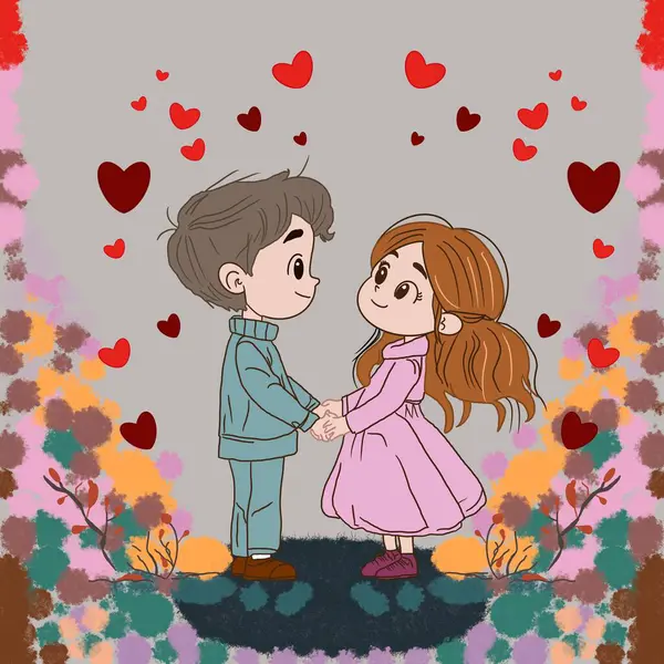 Bu büyüleyici illüstrasyonda zarif elleri olan romantik bir çizgi film çifti aşıkların gözlerinin içine bakıyor. Aşıklar, yüzen kırmızı kalplerle çevrili. Aşıkların süslenip püslendiği takım elbise. Oyuncu sanat ve romantizm