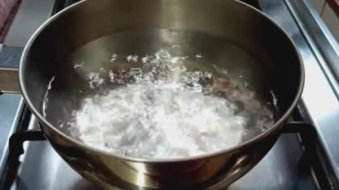 Kadın mutfakta gaz sobasıyla paslanmaz çelik bir tencerede yumurta kaynatmak için su kaynatıyor..