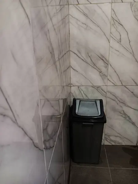 Beyaz mermer desenli fayanslarla kaplı bir duvarın köşesinde umumi tuvalette salıncak kapağı olan gri dikdörtgen bir çöp tenekesi. .