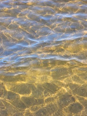 Güneş ışığının sızdığı, kumlu zeminde ışık ve gölge desenleri oluşturan yakın çekim bir su. Bu, doğal elementlerin güzelliğini vurgular..