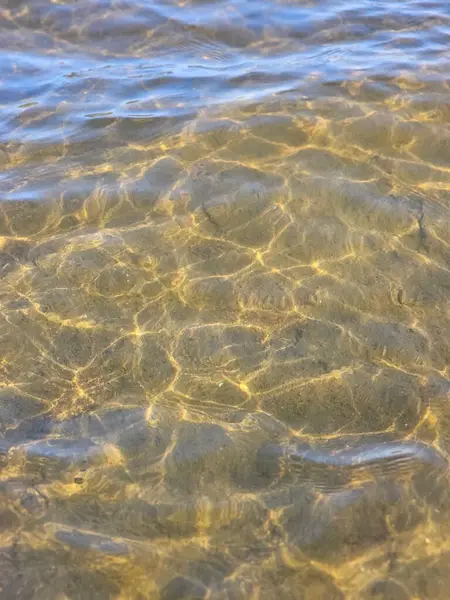 Güneş ışığının sızdığı, kumlu zeminde ışık ve gölge desenleri oluşturan yakın çekim bir su. Bu, doğal elementlerin güzelliğini vurgular..