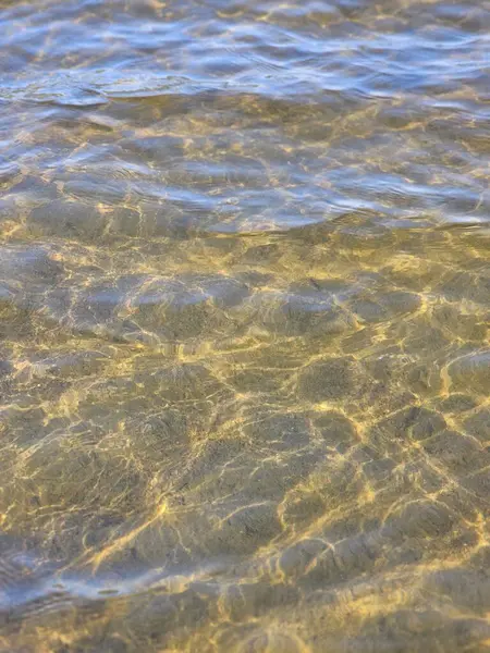 Güneş ışığının sızdığı, kumlu zeminde ışık ve gölge desenleri oluşturan yakın çekim bir su. Bu, doğal elementlerin güzelliğini vurgular..