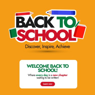 Okula dönelim. Okul afişine, sosyal medya paylaşımına ya da koyu turuncu renkli kitap ve kalem ikonlarıyla pankarta tekrar hoş geldiniz. Okul çıkartması, afiş postası tasarımı. Vektör illüstrasyonu