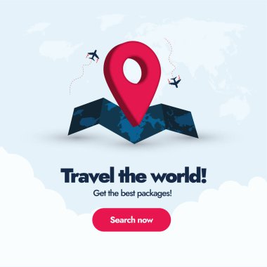 Dünyayı dolaş, Dünya turizm günü. Dünyayı dolaş ve en iyi paketleri al. Haritada dünya haritası, uçak simgeleri ve pembe renkli konum simgesine sahip seyahat şirketi reklam pankartı