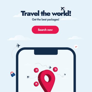 Seyahat ve Turizm. Dünyayı dolaş, en iyi paketleri al. Seyahat acentesinin reklam pankartı, konum ikonu ve uçak ikonları. Dünya turu afişi zamanı. Seyahat şirketi tanıtımı Facebook paylaşımı