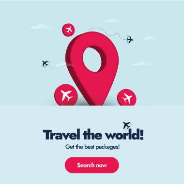 Dünyayı dolaş. Dünyayı dolaş, en iyi paketleri al. Seyahat acentesinin reklam pankartı, konum ikonu ve uçak ikonları. Dünya turu afişi zamanı. Seyahat şirketi tanıtımı Facebook paylaşımı