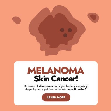 Melanoma deri kanseri hücresi. Deri hastalığı, enfeksiyon, hastalık, sivilce, leke. Cilt sorunları sosyal medya paylaşımı. Melanoma insanlara yol göstermek için farkındalık pankartı.