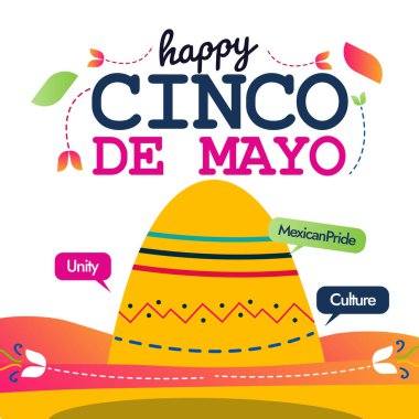 Mutlu Cinco De Mayo 'lar. 5 Mayıs Cinco de Mayo sosyal medya bayrağı renkli yazılar, Meksika Gitarı ve Meksika şapkası konuşma baloncukları: Meksika gururu, birlik, kültür. Meksika şenliği