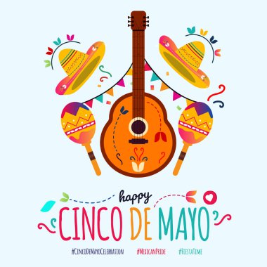 Mutlu Cinco De Mayo 'lar. 5 Mayıs Cinco de Mayo sosyal medya bayrağı renkli yazılar, Meksika Gitarı ve Meksika şapkası konuşma baloncukları: Meksika gururu, birlik, kültür. Meksika şenliği