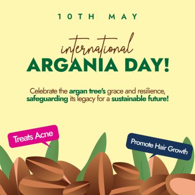 Uluslararası Argania Günü. 10 Mayıs Uluslararası Argania Günü bayrağı, Argan tohumlu sosyal medya paylaşımı ve sivilceli konuşma baloncukları, sarı arka planda saç büyümesini teşvik ediyor.