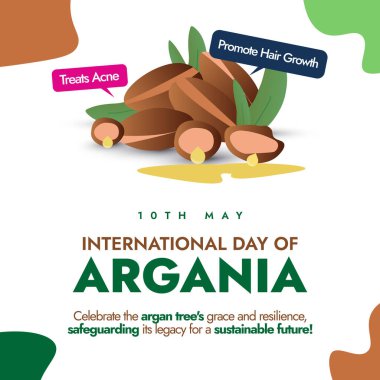 Uluslararası Argania Günü. Uluslararası Argania Günü 10 Mayıs kutlamaları postası, bayrak, kart, argan tohumlu şablon. Bugün Argan ağaçlarını kutluyoruz. Çevrede çok önemli bir rol oynuyorlar.