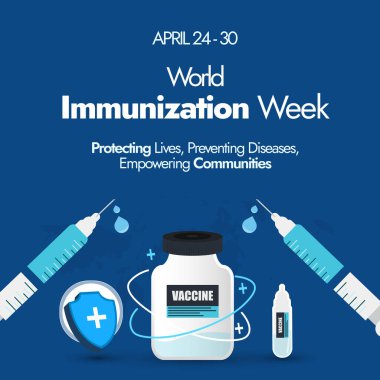 Dünya Bağışıklık Haftası. 20-30 Nisan arası Dünya Bağışıklık Haftası Aşı Şişesi ikonları ve koruma kalkanıyla kaplanmıştır. Tüm farkındalık pankartlarının sağlıklı kalması için aşı.