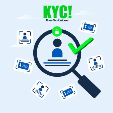 Müşterini tanı, KYC bayrağı. Üzerinde profil tanımlama simgesi ve büyüteç bulunan KYC farkındalık pankartı. Müşteri tanımlama ve doğrulama simgelerini tanıtmak için KYC pankartı. Vektör deposu