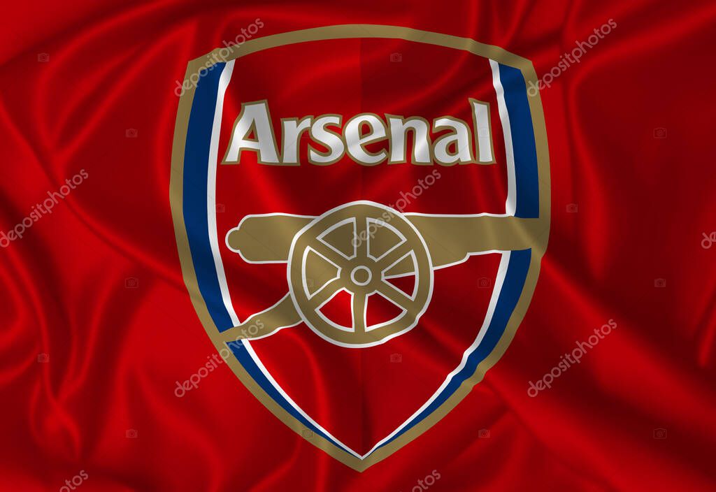 Arsenal logo flag waving in the wind on silk texture