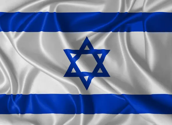 stock image Flag of Israel waving in the wind on fabric texture with blue Star of David on white background