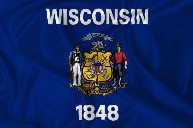 Wisconsin Eyaleti bayrağı ipek dokusunda rüzgarda dalgalanıyor