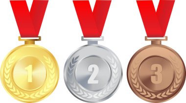 Birinci, üçüncü, birinci, ikinci, üçüncü, gümüş madalya, bronz madalya, kırmızı kurdele, yarışma madalyası, şampiyonlar kupası.