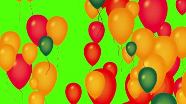 Renkli balon uçuşu, ipli balon animasyonu, çok renkli balonlar yeşil ekran, balon dipten tepeye, festival ve animasyon kutlaması.