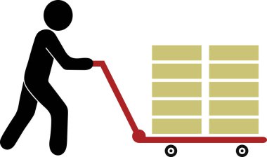 Tramvay tekerlekleri taşıyan, kutuları kamyona yükleyen ve boşaltan, ağır malları taşıyan, teslimat için teslimat arabası taşıyan, el kamyonu ikonu olan bir adam.