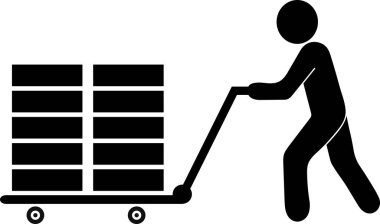 Tramvay tekerlekleri taşıyan, kutuları kamyona yükleyen ve boşaltan, ağır malları taşıyan, teslimat için teslimat arabası taşıyan, El Kamyonu ikonu Siyah