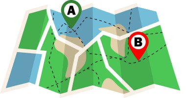 Haritada iki Konum A ve B, GPS navigasyon iki nokta, Harita, Navigasyon simgesi, Şehir Harita simgesi, GPS konum yönü, iki farklı konum, Pin noktası konumu, A noktası ve B noktası