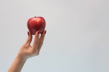 Kadın eli elma verir, gri arka planda yaratıcı bir kavram..