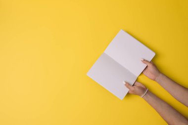 Eller parlak sarı bir arkaplan karşısında boş bir defter tutuyor. Minimalist düz resim yaratıcılığı, planlamayı ve yeni fikirleri simgeliyor..