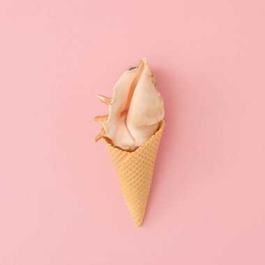 Yaratıcı bir yaz ayağında waffle külahından çıkan desenli deniz kabuğu. Doğal tonlarla ve şakacı kavramlarla hafif bir pastel arkaplan üzerine kurulu..