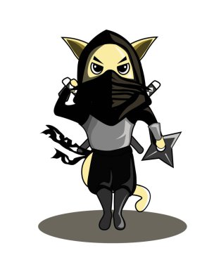 Ninja kostümü giyen çizgi film kedisi.