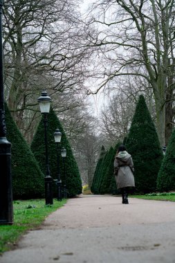Mistik kız ağaçlar ve fenerlerle dolu bir yolda yürüyor, güzel doğa ve şehir buluşuyor. 
