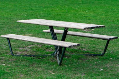 Parkta yeşil çimlerin üzerinde masası olan boş ahşap bir bank.