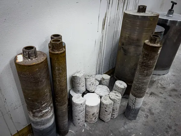 Büyük beton yapıları delmek için sondaj başlıkları, mavi yakalı işi.
