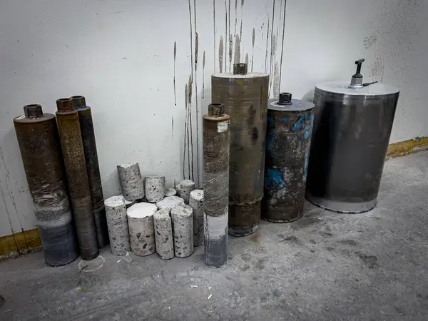 Büyük beton yapıları delmek için sondaj başlıkları, mavi yakalı işi.