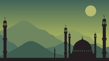 Ramazan vektörü düz tasarım çizimi, cami silueti, dağ manzarası