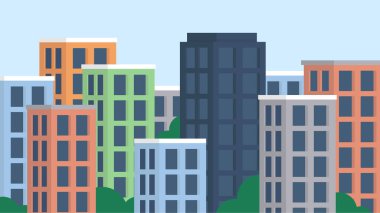 Yüksek binaları olan vektör düz şehir manzarası